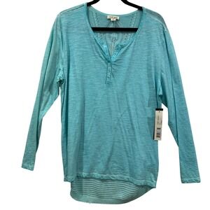 Tribal Jeans Aqua Blue Knit Henley V Neck Long Sleeve Shirt Top L G